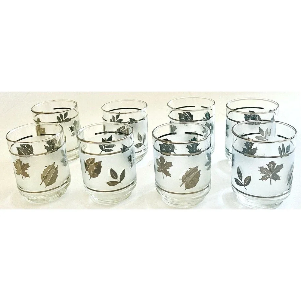 4 Vintage MCM Libbey Rock Sharpe Frosted Silver Leaf Short Old Fashioned- 5 oz